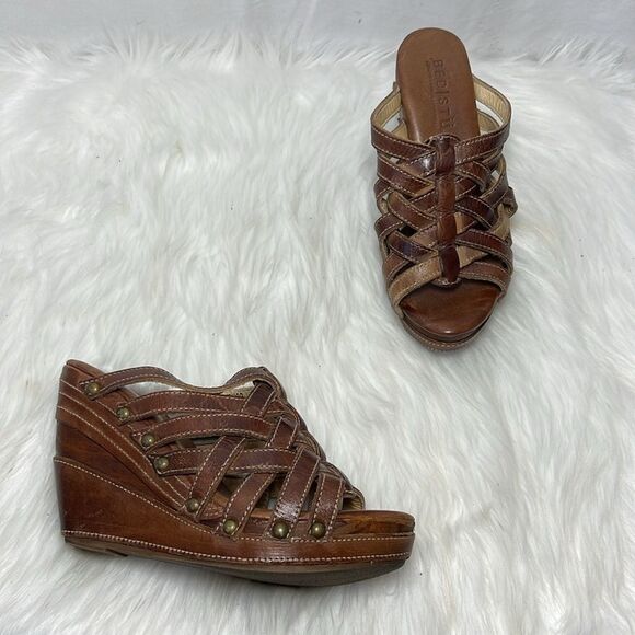 Bed Stu Gina II Multi-Tonal Brown Leather Strappy Wedge Clog  Mules Sz 7 - Picture 1 of 8